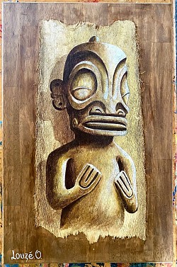 « Tiki » acrylique sur Kere et plateau d’Hevea 61x40 cm 115 000 xpf