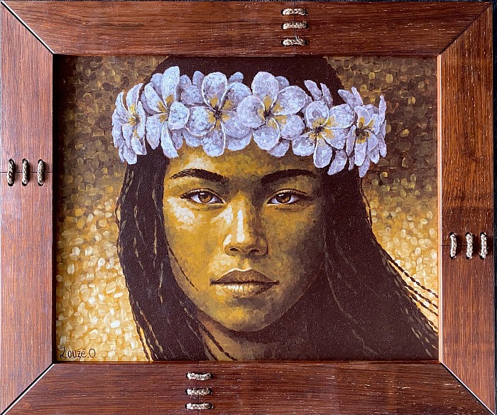 «Vahine, cheveux au vent » Acrylique sur toile et cadre Kohu 95x80 cm 270 000 xpf