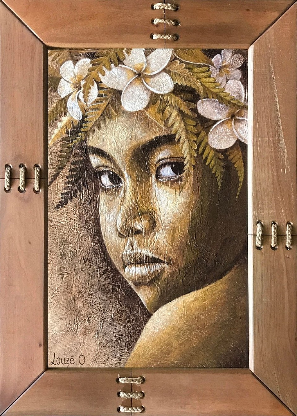 «Enfant des îles » (Acrylique sur Tapa) cadre Acajou 72x52 cm 150 000 xpf.        (1260 €)