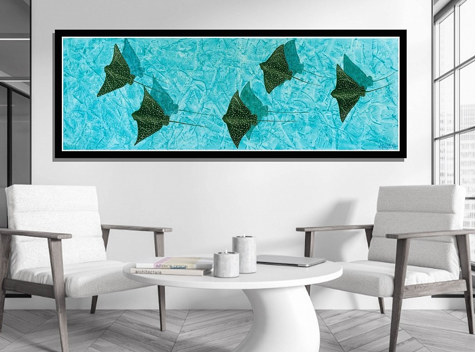 « Le vol des raies léopards » Acrylique sur toile (non encadrée) 120 x40 cm.  190 000 xpf.       (1590€)