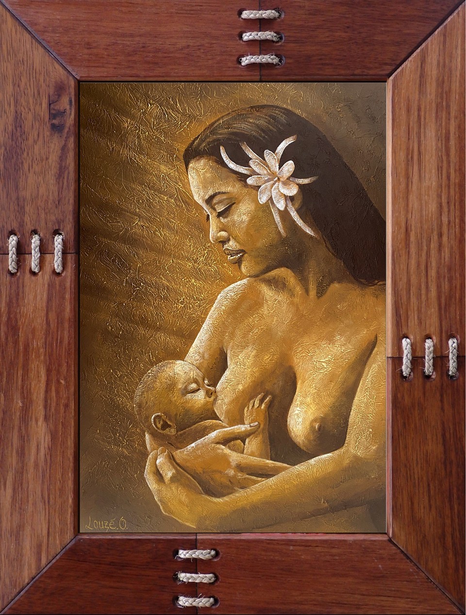 « Tendresse maternelle » Acrylique sur mortier, cadre Kohu 84x63 cm