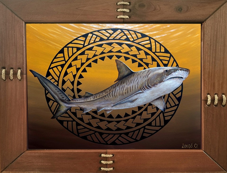 “Ma’o Tore Tore” Acrylique sur toile 50x70 cm : 180 000 xpf.  Ou 220 000 xpf avec son cadre en Kohu au format 70x90 cm