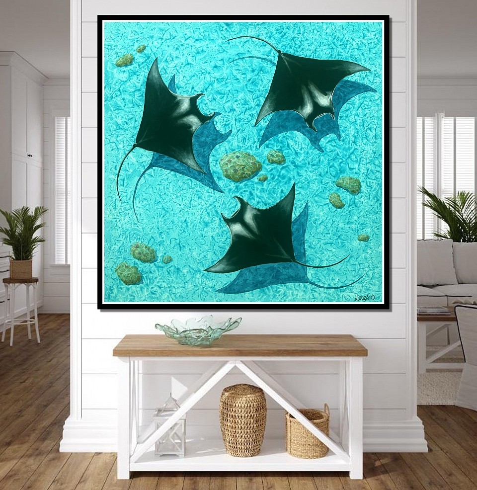 « Le ballet des Mantas » Acrylique sur toile (non encadrée) 100x100 cm.  250 000 xpf.       (2080€)