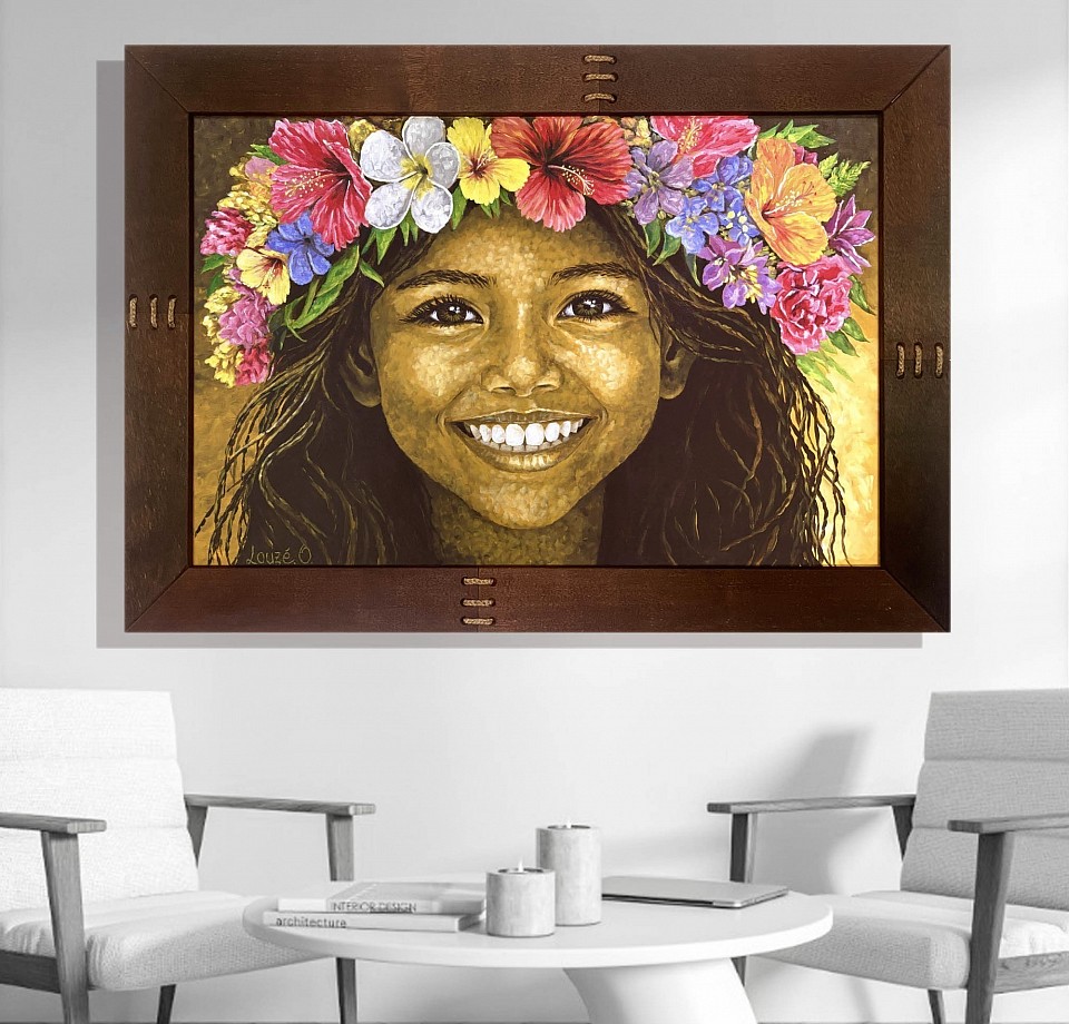 « Lumière des îles »  Acrylique sur toile. Cadre en Kohu 125 x 88 cm.  390 000 xpf.  (3270 €)