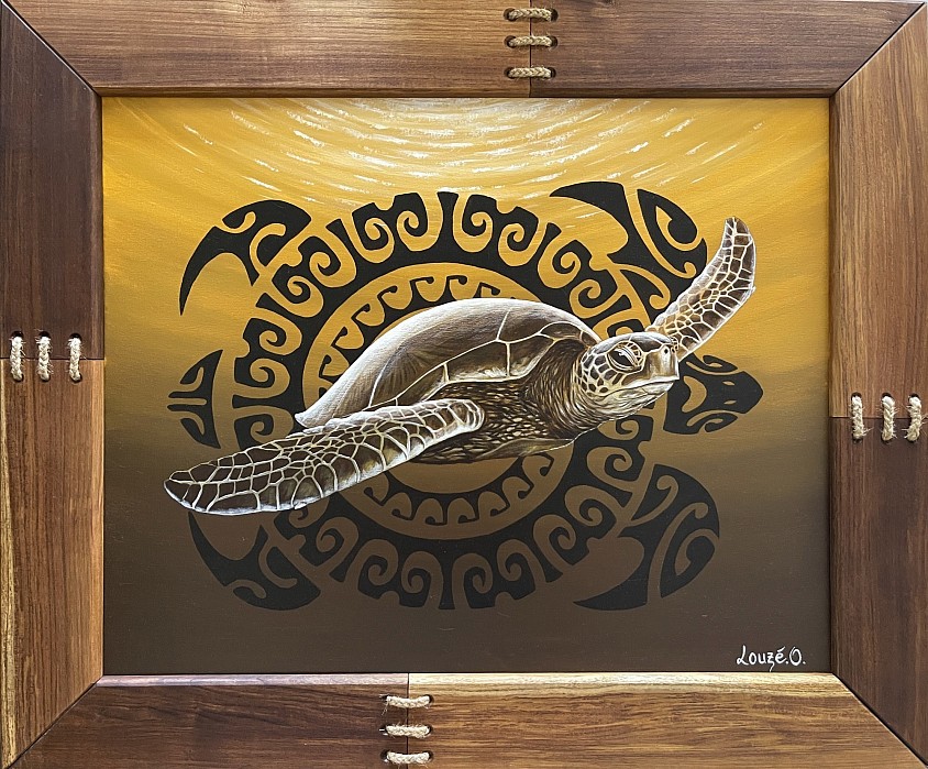 « Te Hoho'a o te Honu » Acrylique sur toile, avec son cadre en Teck de Moorea au format 94x79 cm. 240 000 xpf.  (2000 €)