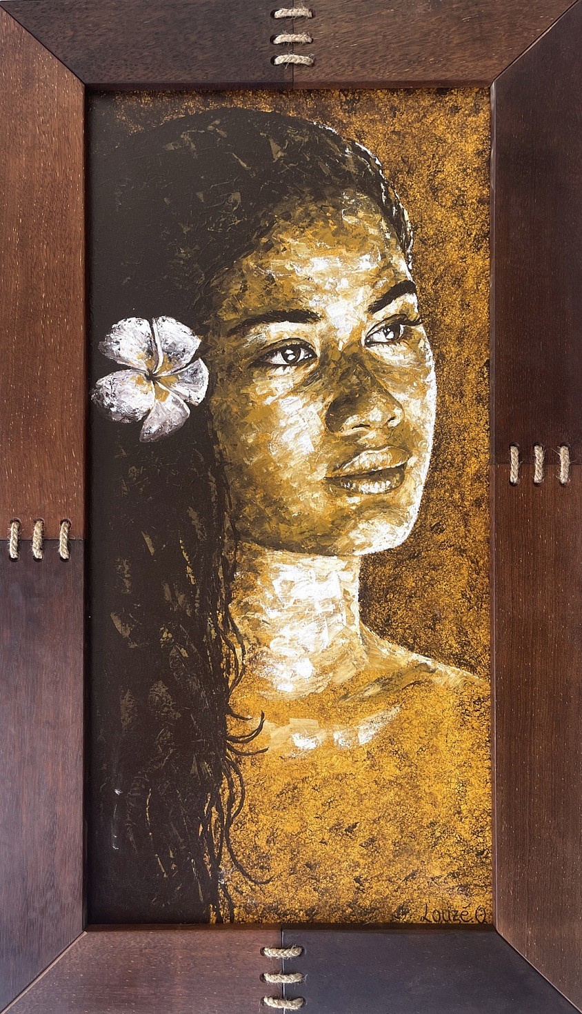 « Charme Polynésien » Acrylique sur toile. Cadre en Kohu au format à 120 x 67 cm. 280 000 xpf   ( 2350 € )